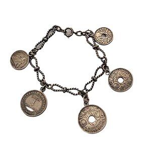 Vintage 7 Inch 5 French Coins Rope Chain Charm Silver Tone Bracelet